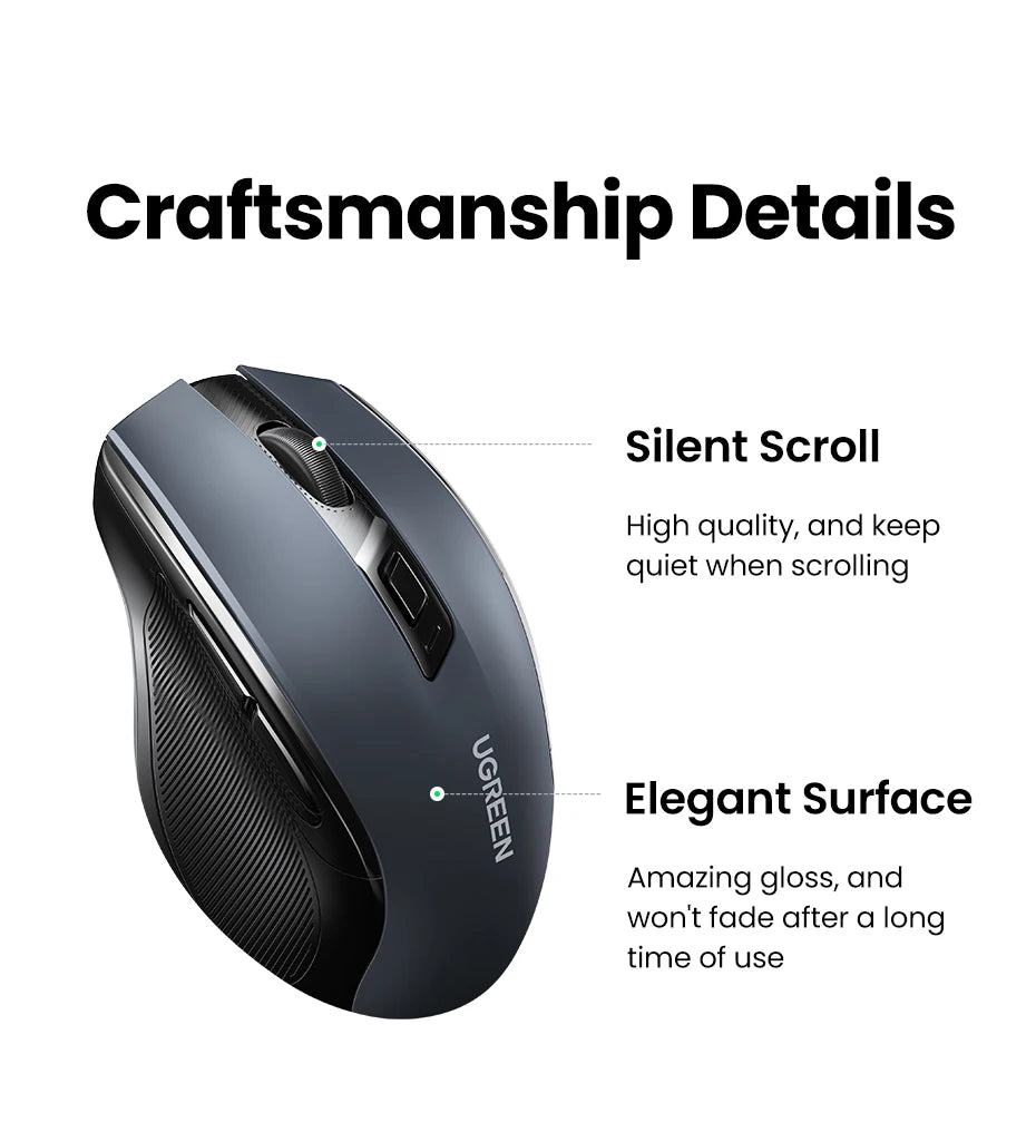 UGREEN Ergonomic Mouse, 6-Button Wireless 2.4G Bluetooth Dual Mode, 5-Level 4000 DPI Adjustable , Silent Click for PC Laptop