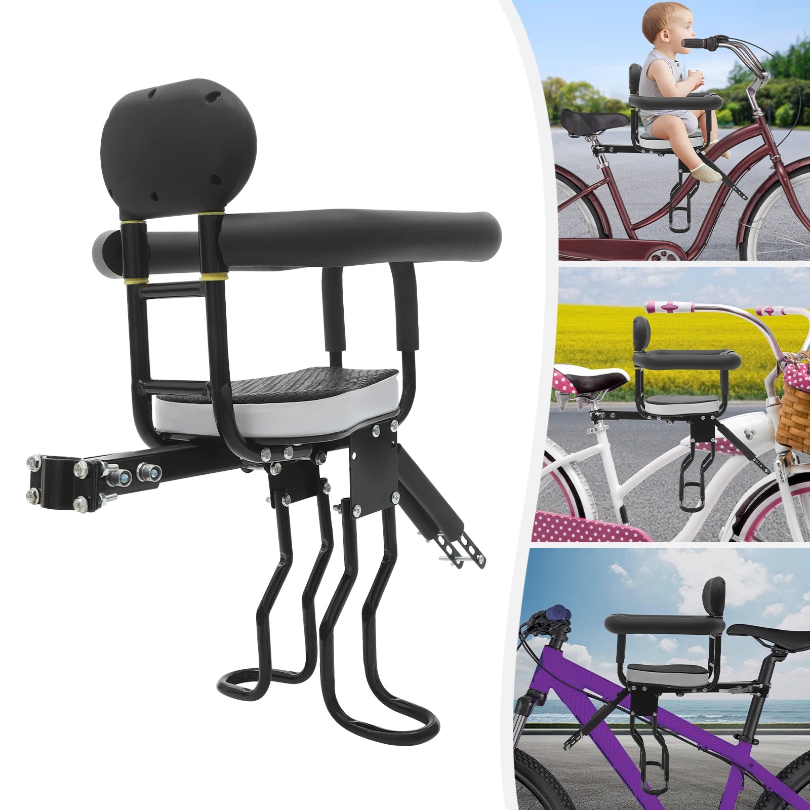 Front Mount Kids Bike Seat, Two Point Fixed Bicycle Child Seat, Removable Handrail Front Seat for Toddler,Steel PC Construction