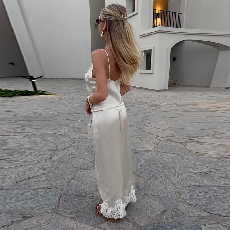 Women Short Set Satin Lace Spaghetti Strap V-Neck Top Drawstring Waist Lace Trim Shorts Elegant Casual Solid Two Piece Set Lady