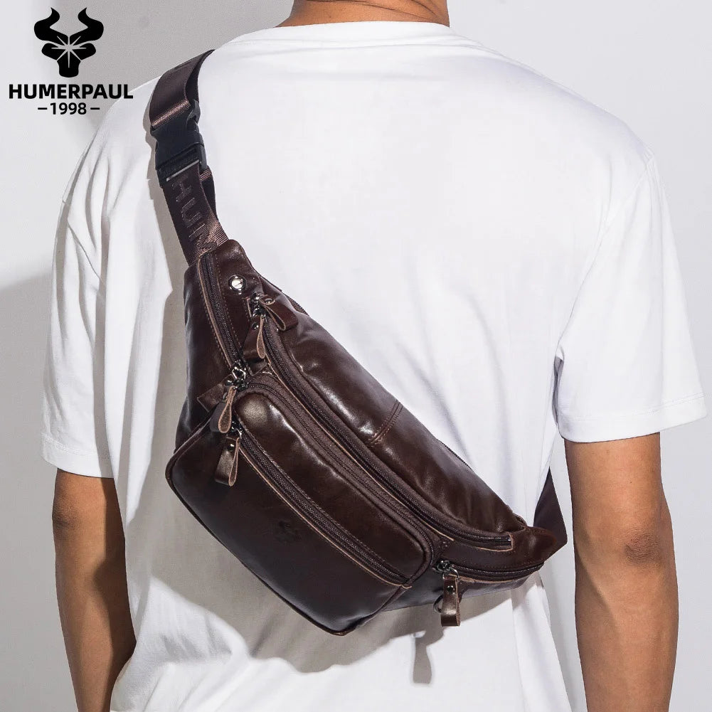 HUMERPAUL Genuine Leather Waist Bag Casual Fanny Pack For Men Multifunction Outdoor Chest Bag Phone Pouch Travel Crossbody Bages