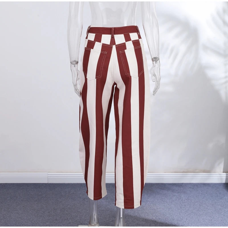 Street Striped Jeans Women's High-Waist Pockets Wide-Leg Trouser 2026 Spring Summer Retro Multicolor Vertical Stripe Denim Pant
