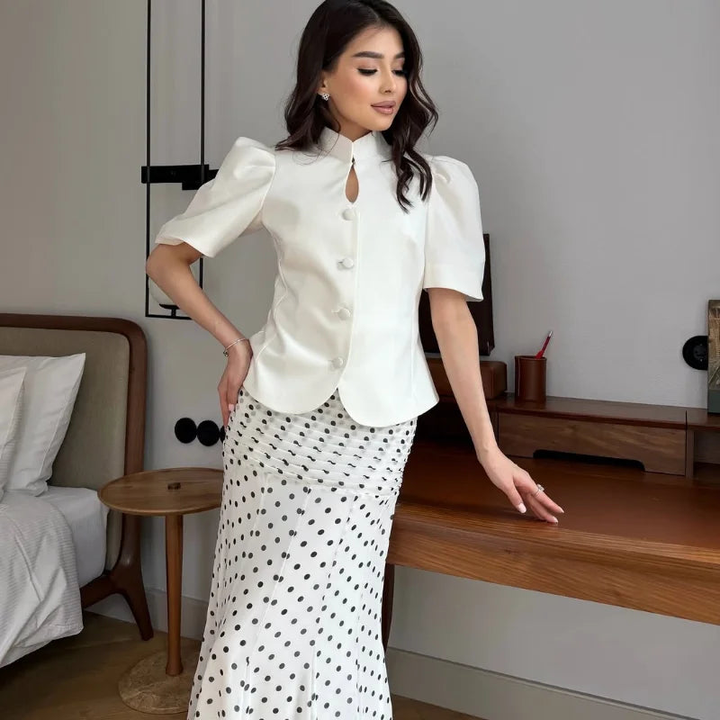 Women Polka Dot Print High Waist Maxi Skirt Elegant Ruched Mermaid Long Skirts 2026 Summer Casual Vacation Fashion  Outwear