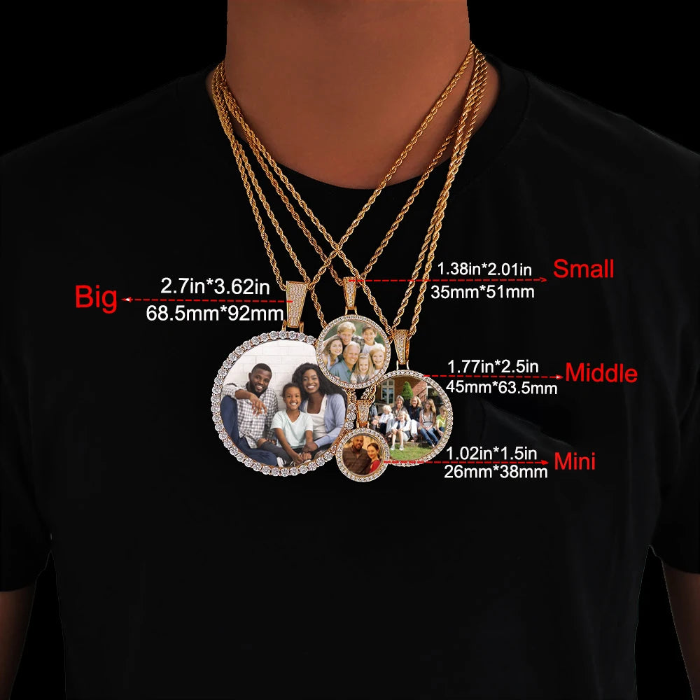 Custom Photo Necklace Circle Chain Personalized Medallion Memory Picture Pendant Solid Back Zircon Hip Hop Jewelry Free Engrave