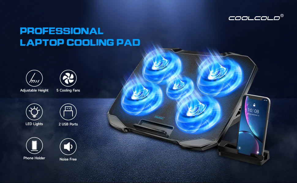 COOLCOLD Laptop Cooling pad for 12-17 Inch Laptop Cooler Stand, 5 quiet fans, 5 Angle Adjustable with phone holder