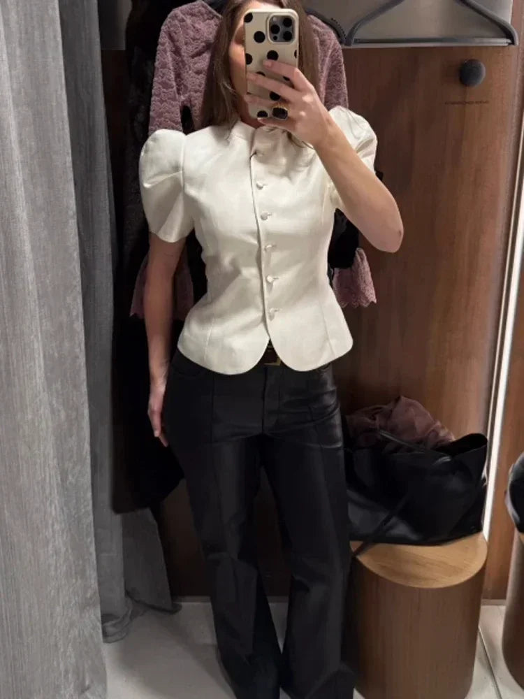 Chic White Lantern Sleeve Shirt Women Solid Stand Collar Stand Collar Slim Shirts Lady Casual Tops Commute Outwear 2026 New