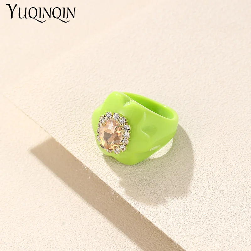 New Trendy Colorful Acrylic Rhinestone Rings Sets for Women Flower Large Finger Rings for Girls Korean Party Jewelry INS Gifts