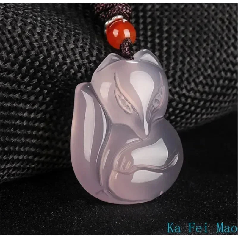 Jade Fox Necklace Pendant Natural Green White Chalcedony Chinese Fashion Charm Jewelry Carved Amulet Gifts for Women Men