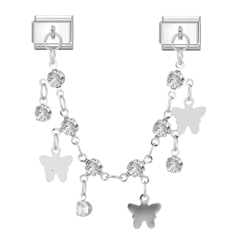 Star Butterfly Heart Zircon Round Pearls Tassel Chain Italian Charm Links Fit 9mm Bracelet Stainless Steel Women DIY Making Gift