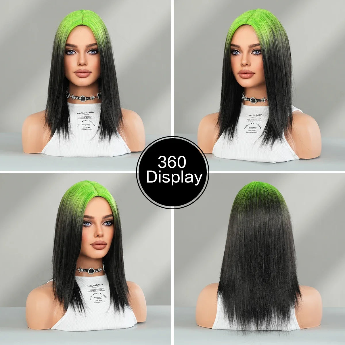 NAMM Synthetic Shoulder Length Middle Part Green Ombre Black Wigs Wigs for Women Daily Party High Density Green Root Wigs