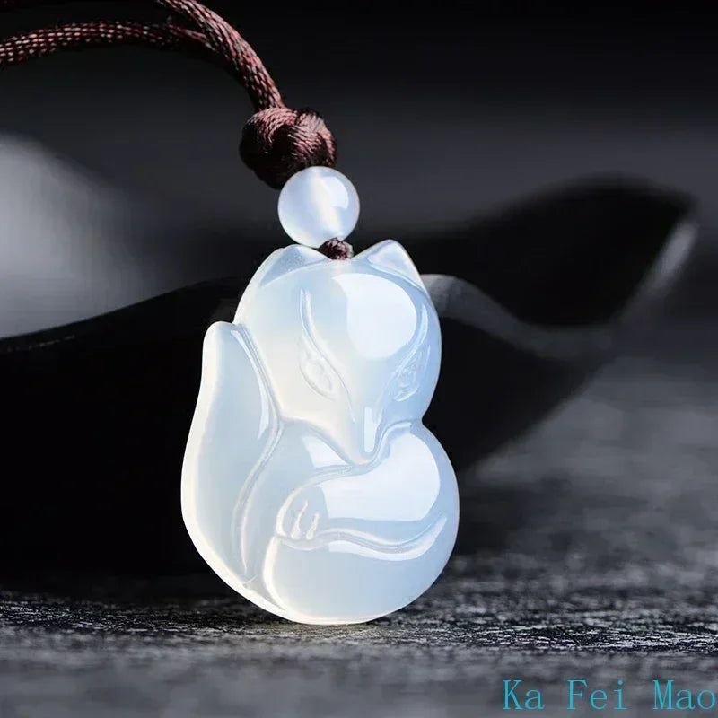 Jade Fox Necklace Pendant Natural Green White Chalcedony Chinese Fashion Charm Jewelry Carved Amulet Gifts for Women Men