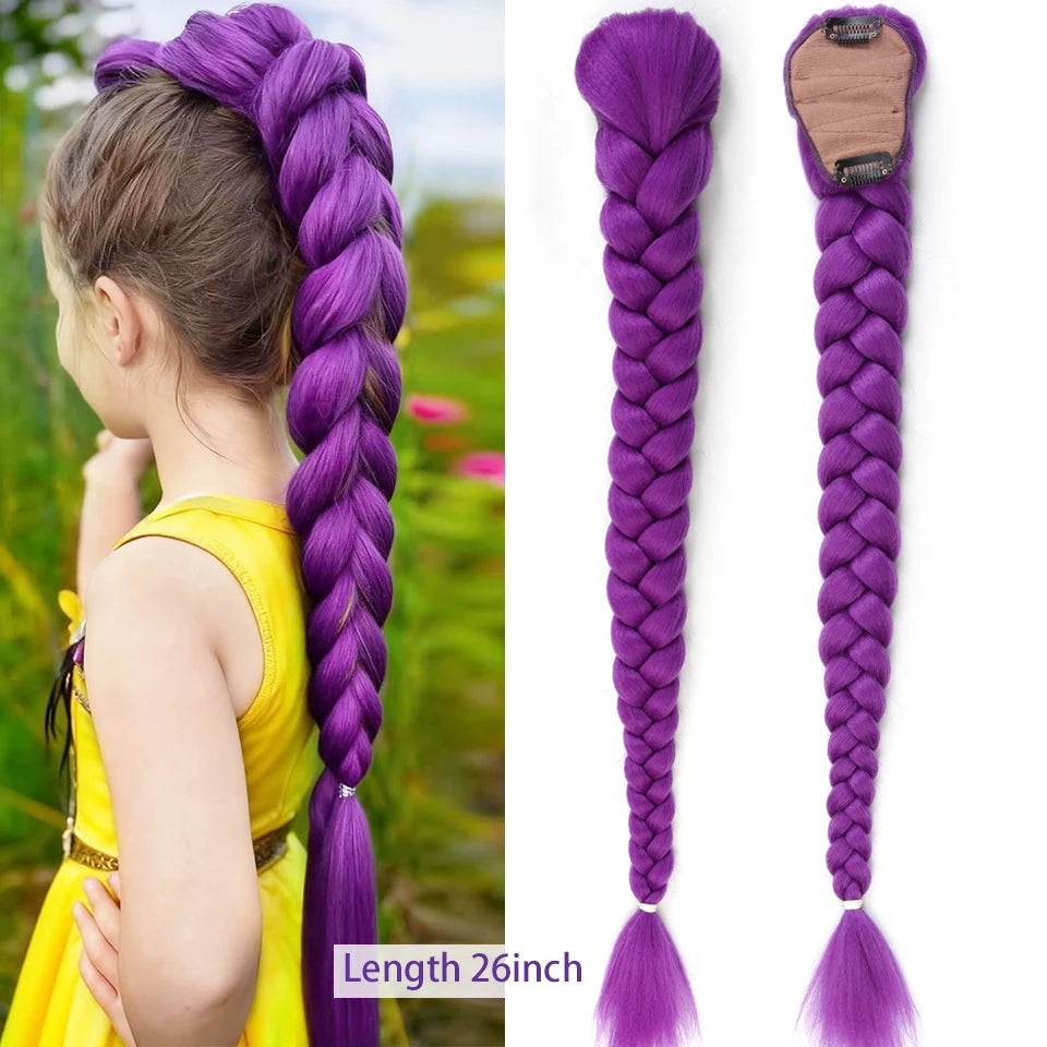 Synthetic Purple Braided Hair Ponytail Rumi Costume Hairstyle Long Ponytail with Rubber band and Clips for Kids Girls Christmas