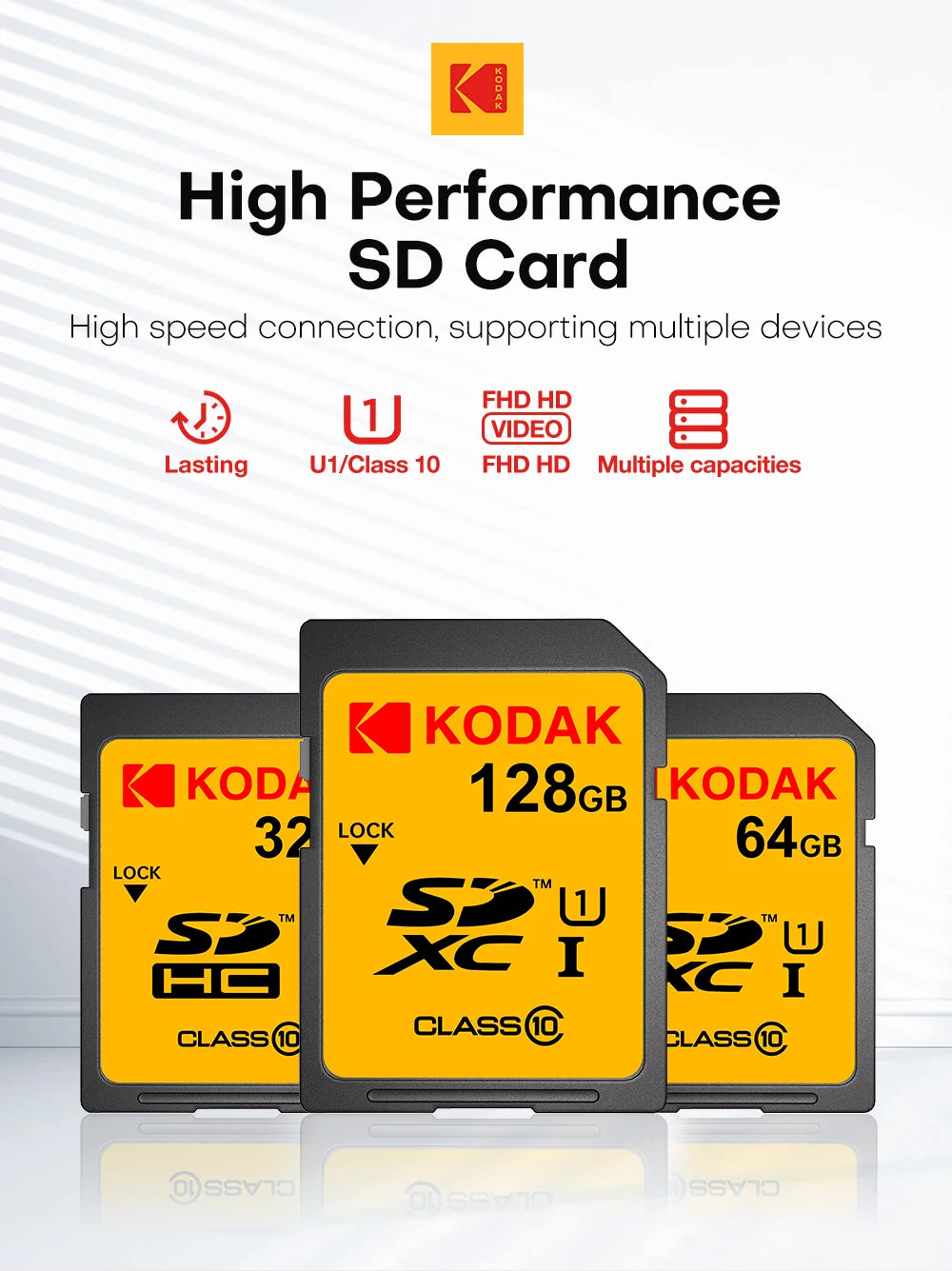 KODAK SD Card 32GB 64GB 128GB Class 10 U1 V30 High Speed Memory Card SDXC for DSLR Camera 4K Video