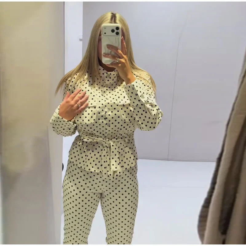 2026 Spring Polka Dot Capri Pants Sets Chic Women Stand Collar Lace Up Jacket High Waist Pencil Pants Lady 2 Pcs Outfits Street