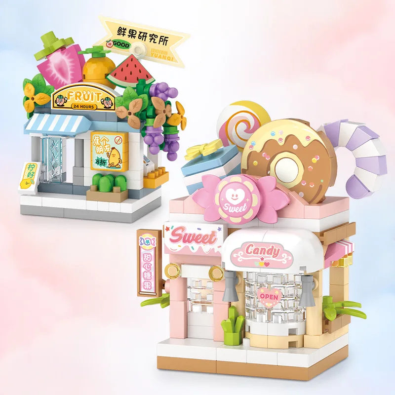 NEW Restaurant Dessert Coffee Pet Fruit Store Street View Food House Building Blocks Kit  Bricks Model Toy