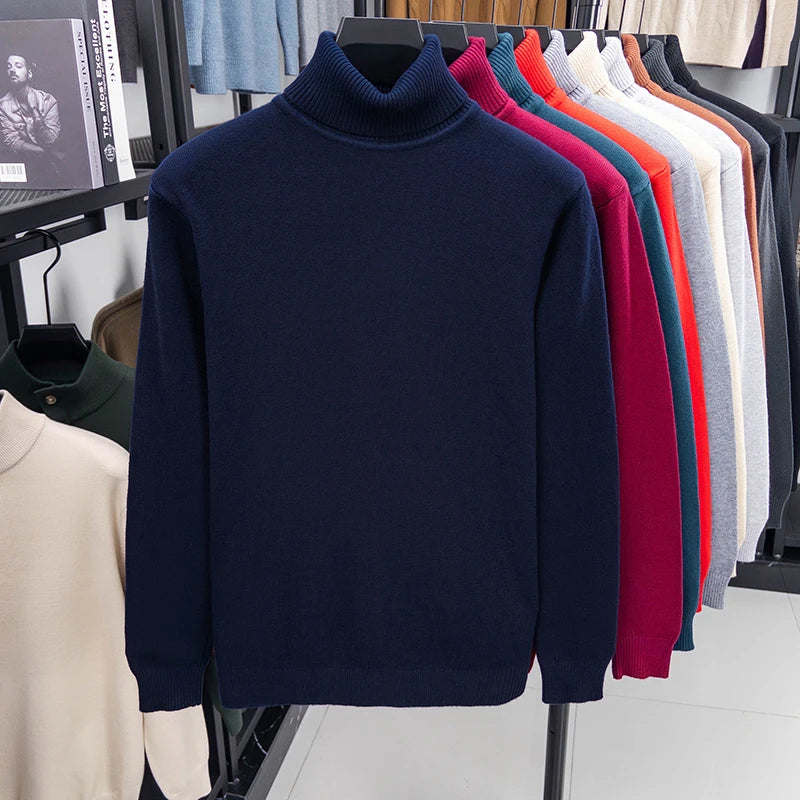 Autumn Mens High Quality Knitted Turtleneck Sweater Slim Fit Long Sleeve Anti-pilling Pullover Solid Color Trend Men Streetwea