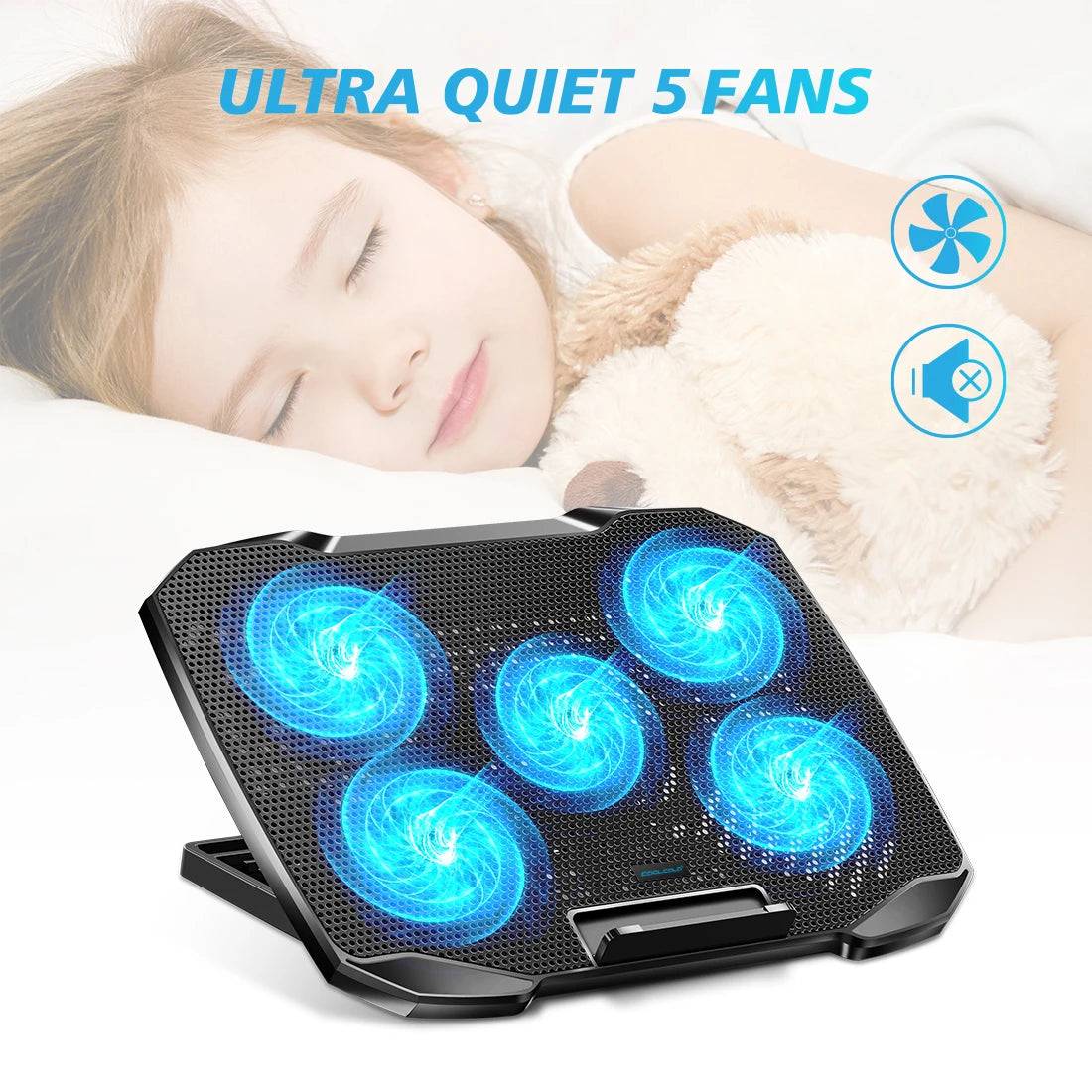 COOLCOLD Laptop Cooling pad for 12-17 Inch Laptop Cooler Stand, 5 quiet fans, 5 Angle Adjustable with phone holder