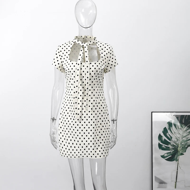 Fashion Polka Dot Mini Dress For Women Elegant Bow Tie Neck Short Sleeve Waist Slim Dress Lady 2026 Spring Summer Chic Vestidos