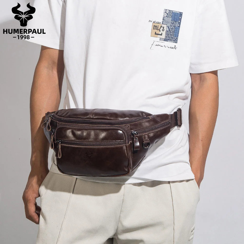 HUMERPAUL Genuine Leather Waist Bag Casual Fanny Pack For Men Multifunction Outdoor Chest Bag Phone Pouch Travel Crossbody Bages
