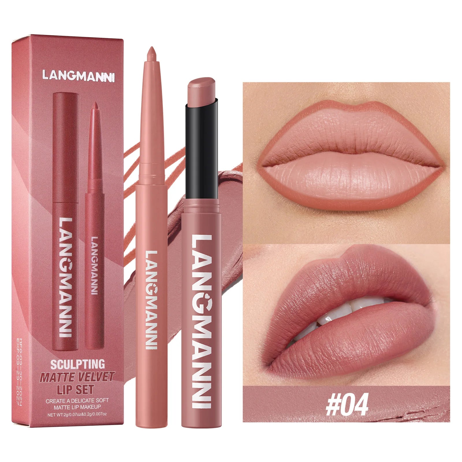 2Pcs/set Matte Soft Mist Slanted Mouth Lipstick + Lip Liner Set Combo Light Matte and Non-Drying Waterproof Non-Stick Lip Set