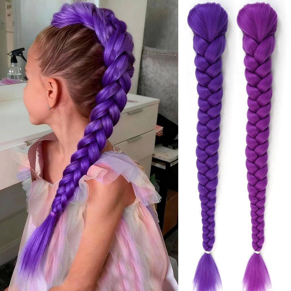 Synthetic Purple Braided Hair Ponytail Rumi Costume Hairstyle Long Ponytail with Rubber band and Clips for Kids Girls Christmas