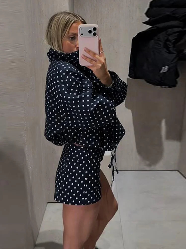 Fashion Navy Polka Dot Shorts Set For Women Casual Stand Collar Zipper Jacket & High Waist Shorts Lady 2026 Spring Chic Outfits