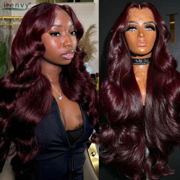 Cherry Red Burgundy 13X6 Lace Front Human Hair Wigs Body Wave 13X4 30 34 Inch 99J Colored Lace Frontal Wig Pre Plucked For Women