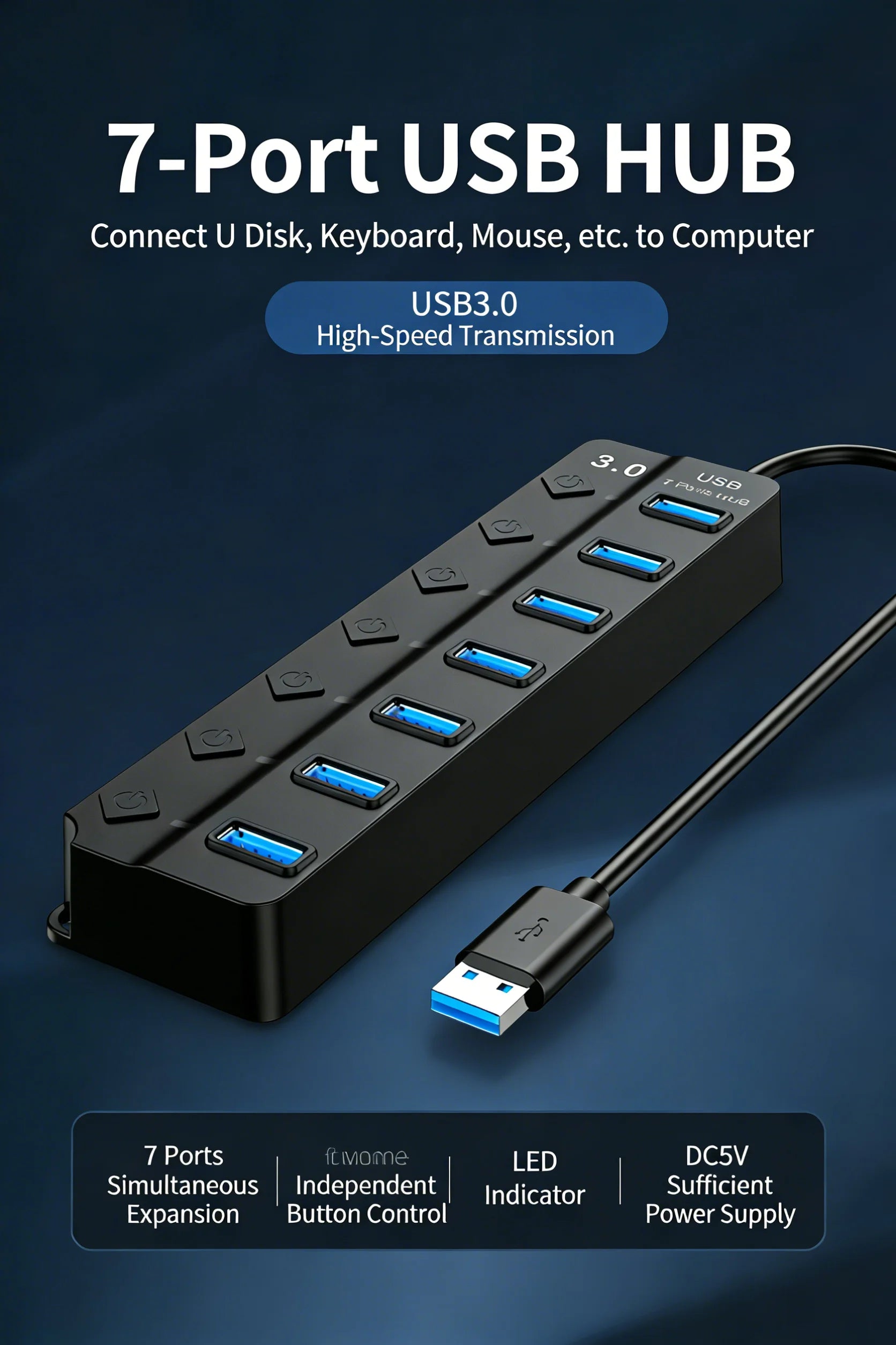 4/7-Port USB 3.0 Hub with LED Indicator Independent Switch Control for Laptop Flash Drive Hard Disk Printer Camera Keyboard
