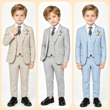 Handsome Linen Boys Suit 4-Piece Set with Floral Bow Tie 2026 Classic Formal Blazer Vest Pants for Ring Bearer Wedding Party