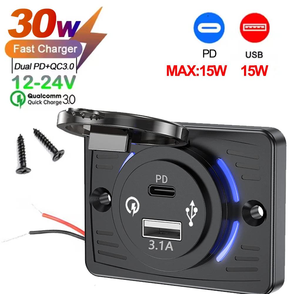 Wall Mount Charger Adapter, 2-4 Ports USB Outlet, QC 22.5W PD 30W Type-C Quick Charge, QC3.0 Panel, Bus, ATV, Truck