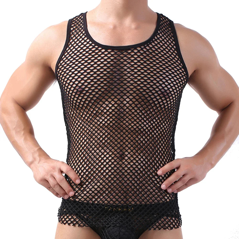 Fashion Tank Tops For Men Hollow Out Undershirt Mesh Breathable Sleeveless Vest