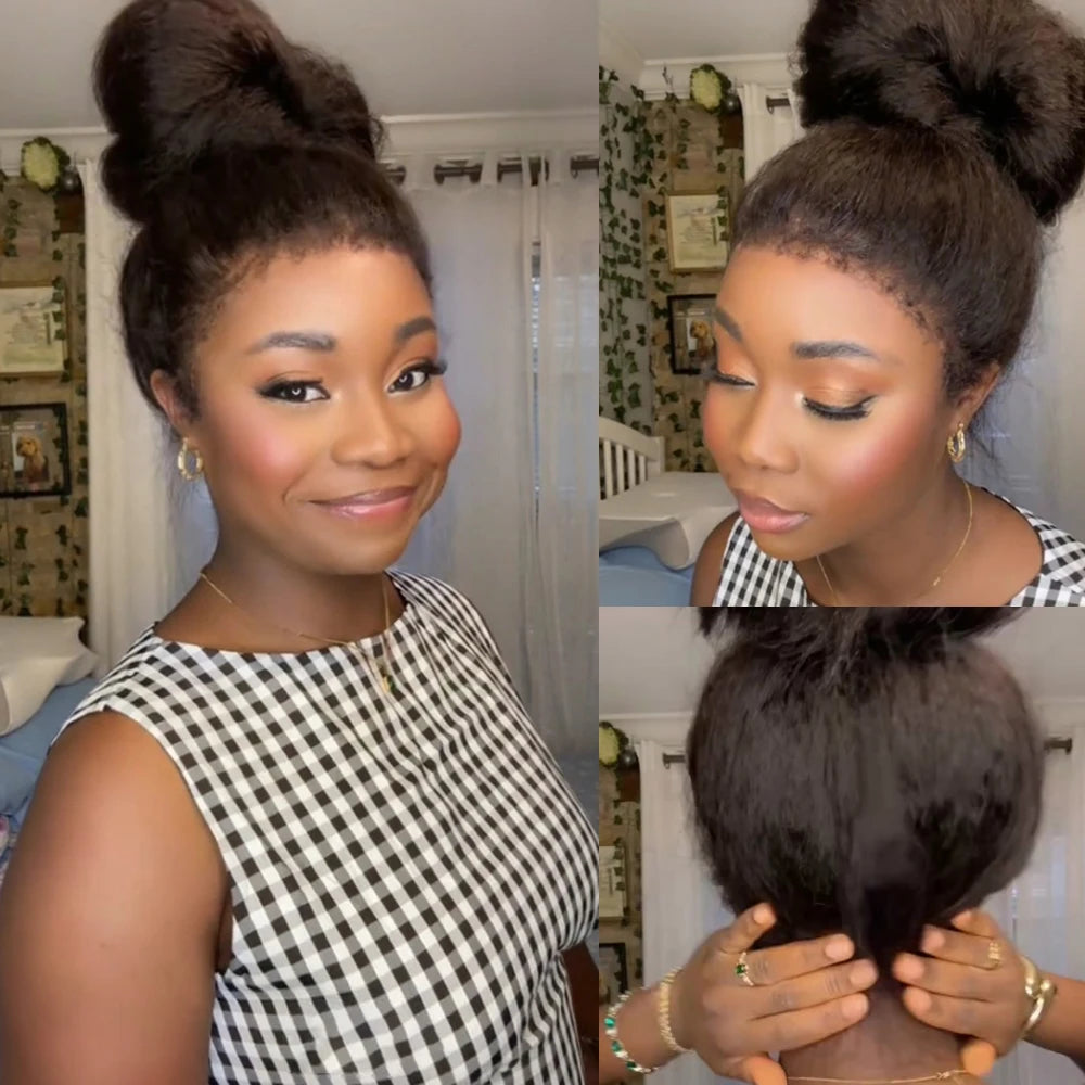 360 Yaki Straight With 4C Edges Pre Plucked Natural Hairline Insivible Strap Glueless Lace Frontal Wigs Kinky Straight Front Wig