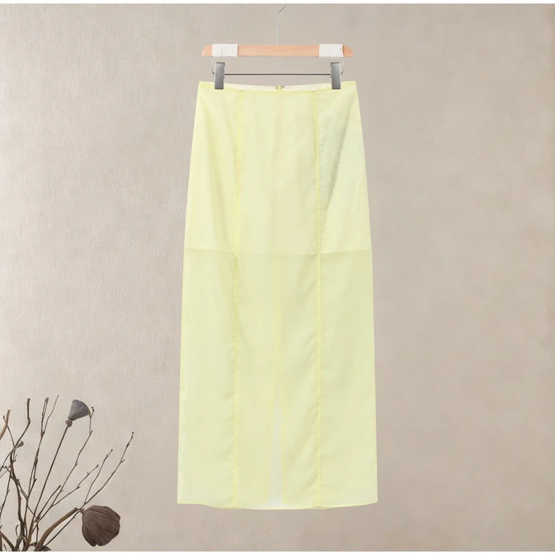 Casual Yellow Top Long Skirts Sets Women Sleeveless Lace Up Tops Straight Slit Skirt 2026 Summer Holiday Street Lady Solid Suits