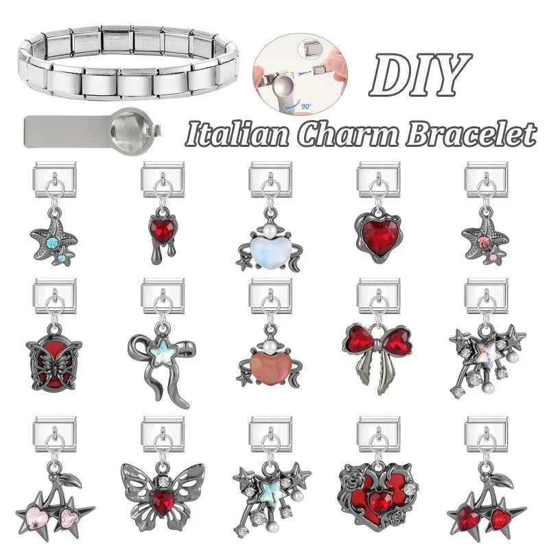 Red Sweet Cute Hollow Bow Knot Leaf Butterfly Rose Italian Charm Links Fit 9mm Stainless Steel Bracelet Jewelry DIY Making Gifts