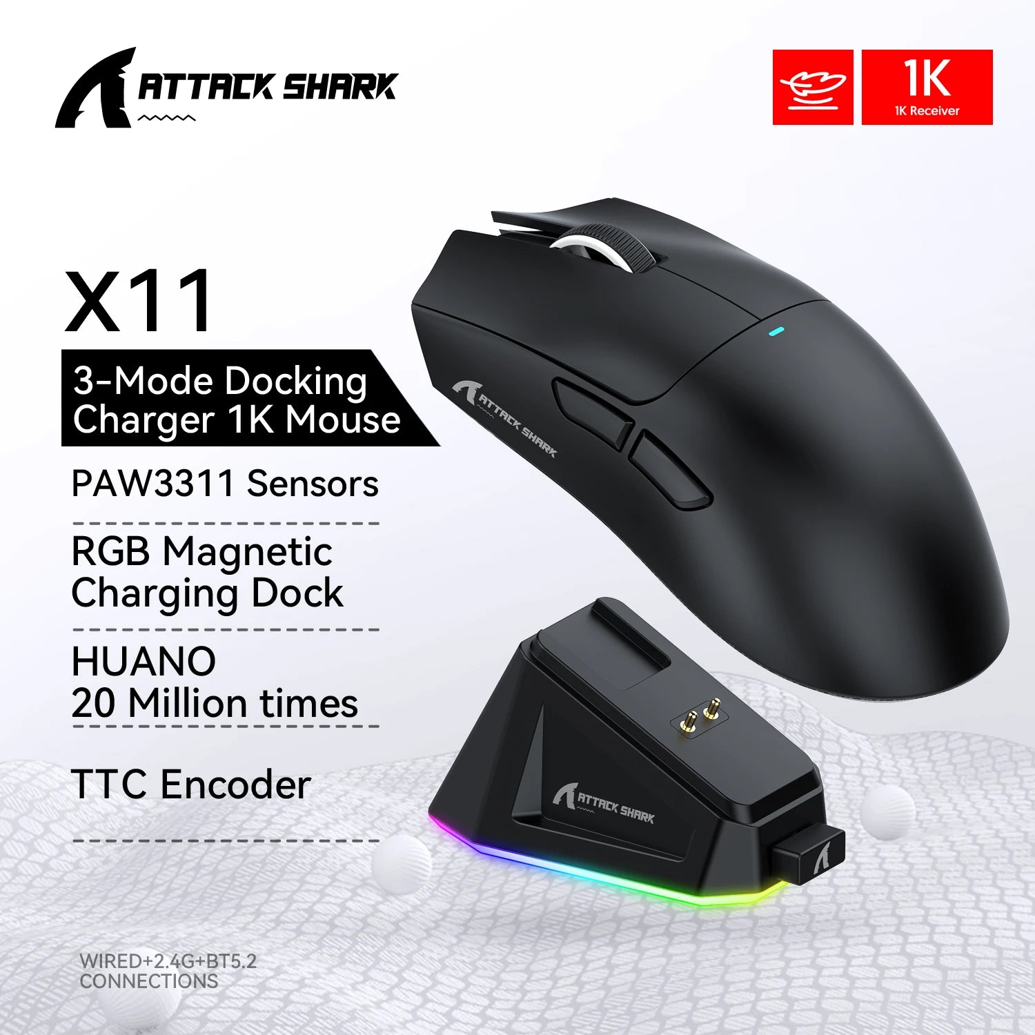 ATTACK SHARK X11 Wireless Gaming Mouse PAW3311 Sensor 22000DPI 3 Modes Wired 2.4G BT 280mAh Rechargeable Mouse