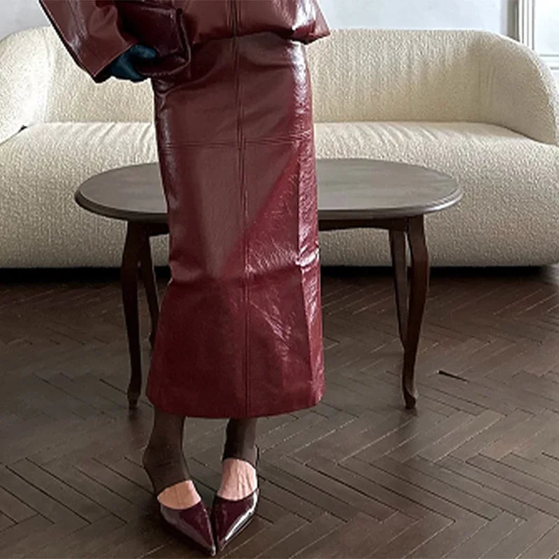 Vintage Green Leather Skirt Sets Women Fashion Solid Strapless Short Skirts Zipper Jacket Outfits Lady Daily Highstreet Outfits