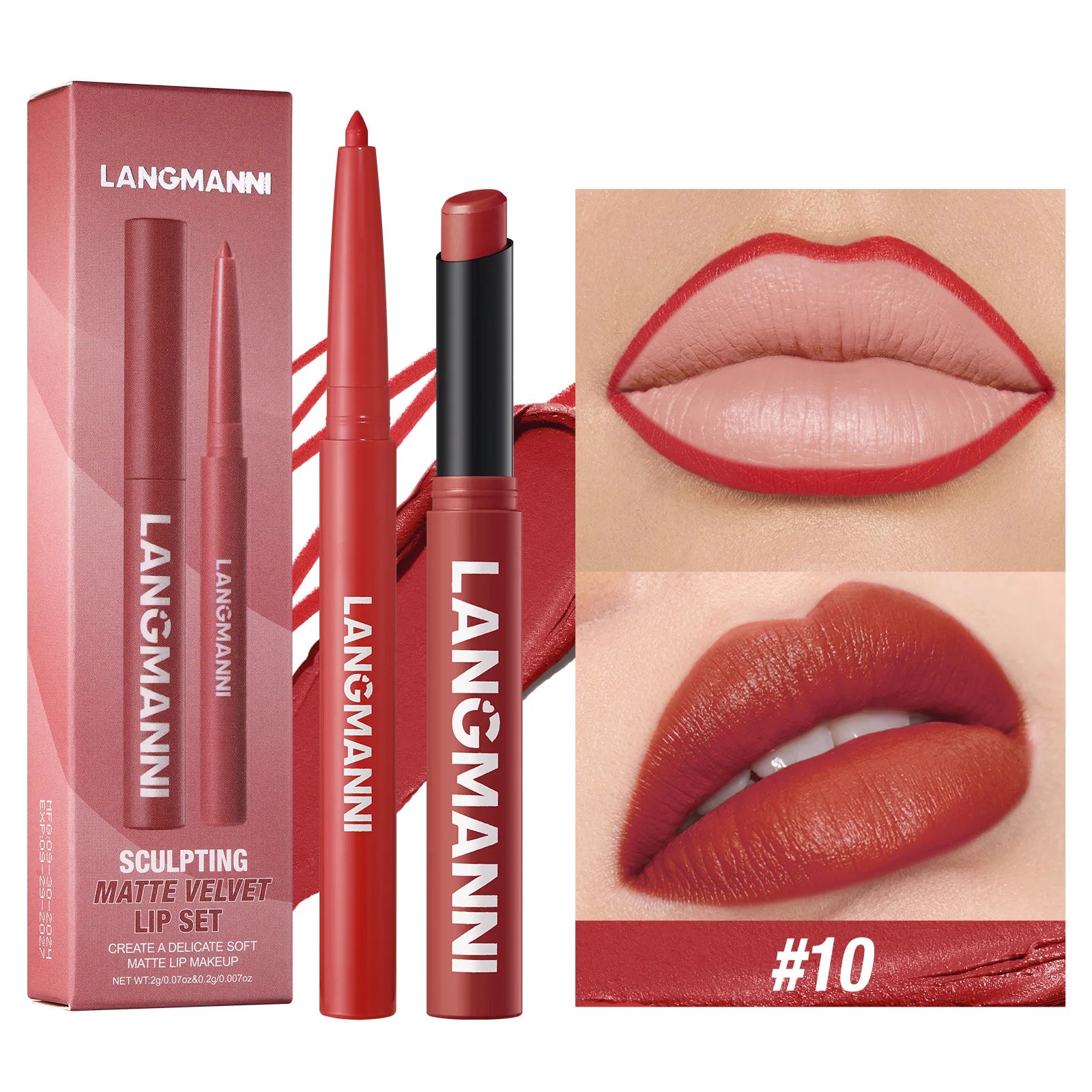 2Pcs/set Matte Soft Mist Slanted Mouth Lipstick + Lip Liner Set Combo Light Matte and Non-Drying Waterproof Non-Stick Lip Set