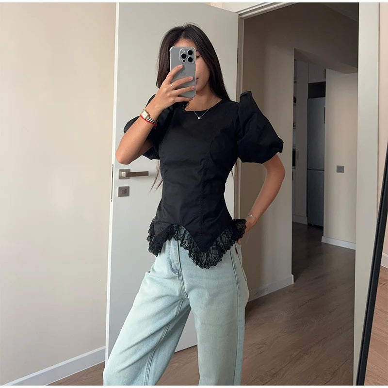 Women Round Neck Puff Sleeve Blouse Solid Lace Trim Asymmetrical Hem Slim Fit Shirt 2026 Spring Summer Chic Elegant Casual Top