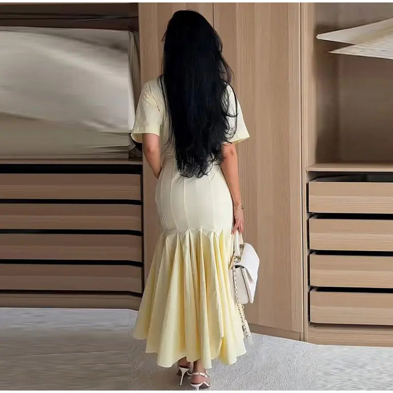 Women Fashion Solid Dress V-neck Ruffles Hem Short Sleeves Waist-cinching Draped Empire Dresses Summer Chic Elegant Summer Gown