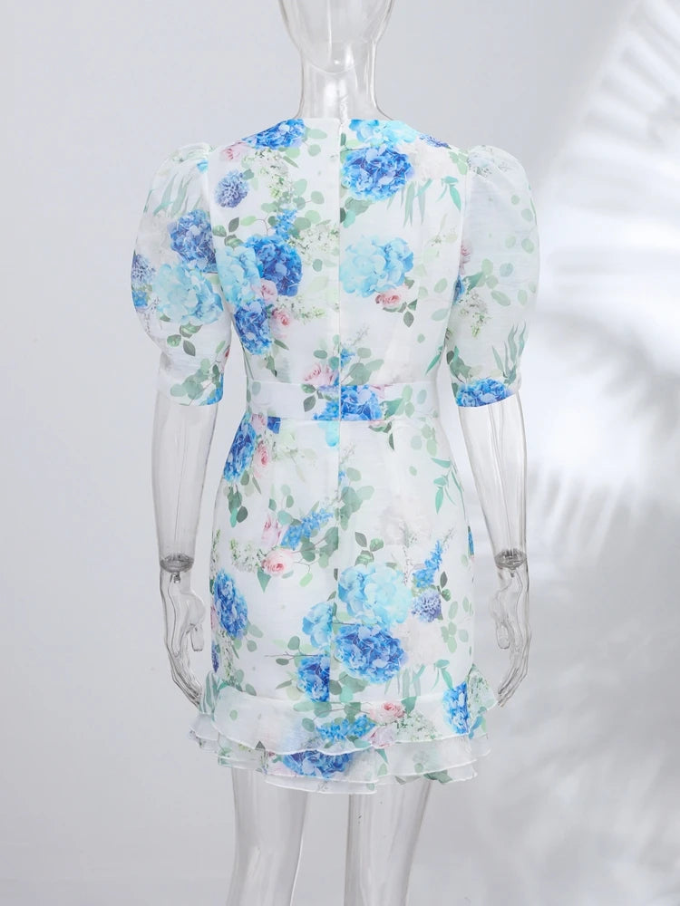 Print  Dress Women's Floral Satin Mini Dress Deep V-Neck Puff Sleeves Peplum Waistband Two-Piece Party Dresses Woman Clothes