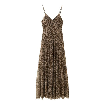 Vintage Chic Leopard Printed Sling Vestido Women Casual Backless Pleated Loose Fit Fold Spaghetti Strap Dress Vacation Beachwear