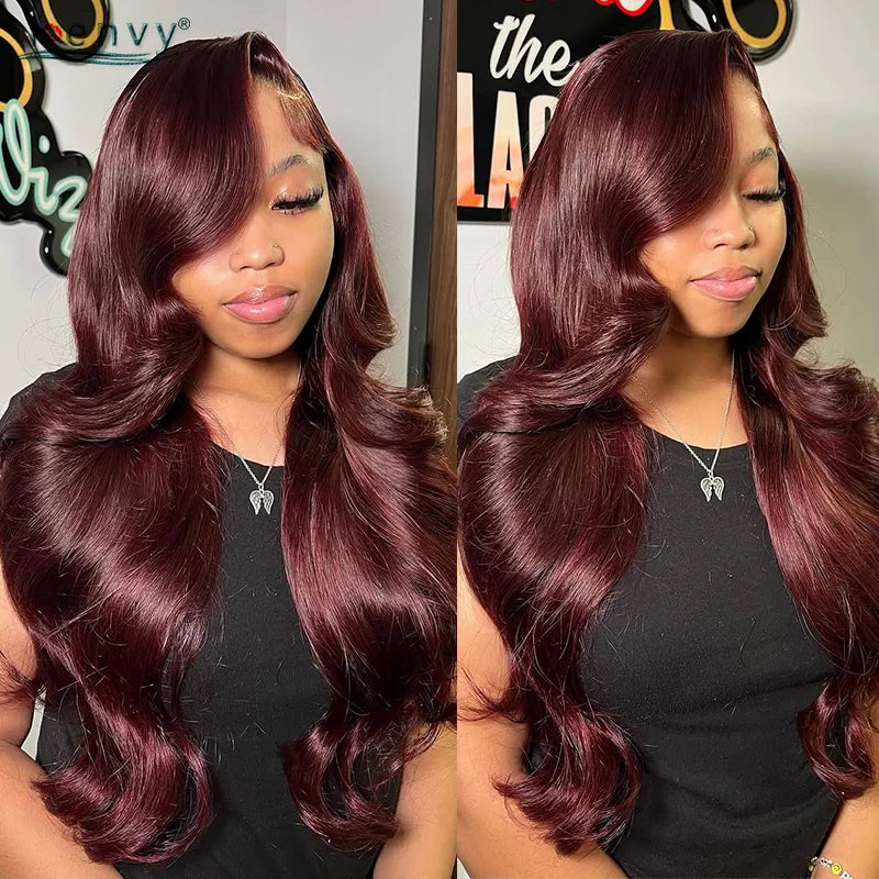 Cherry Red Burgundy 13X6 Lace Front Human Hair Wigs Body Wave 13X4 30 34 Inch 99J Colored Lace Frontal Wig Pre Plucked For Women