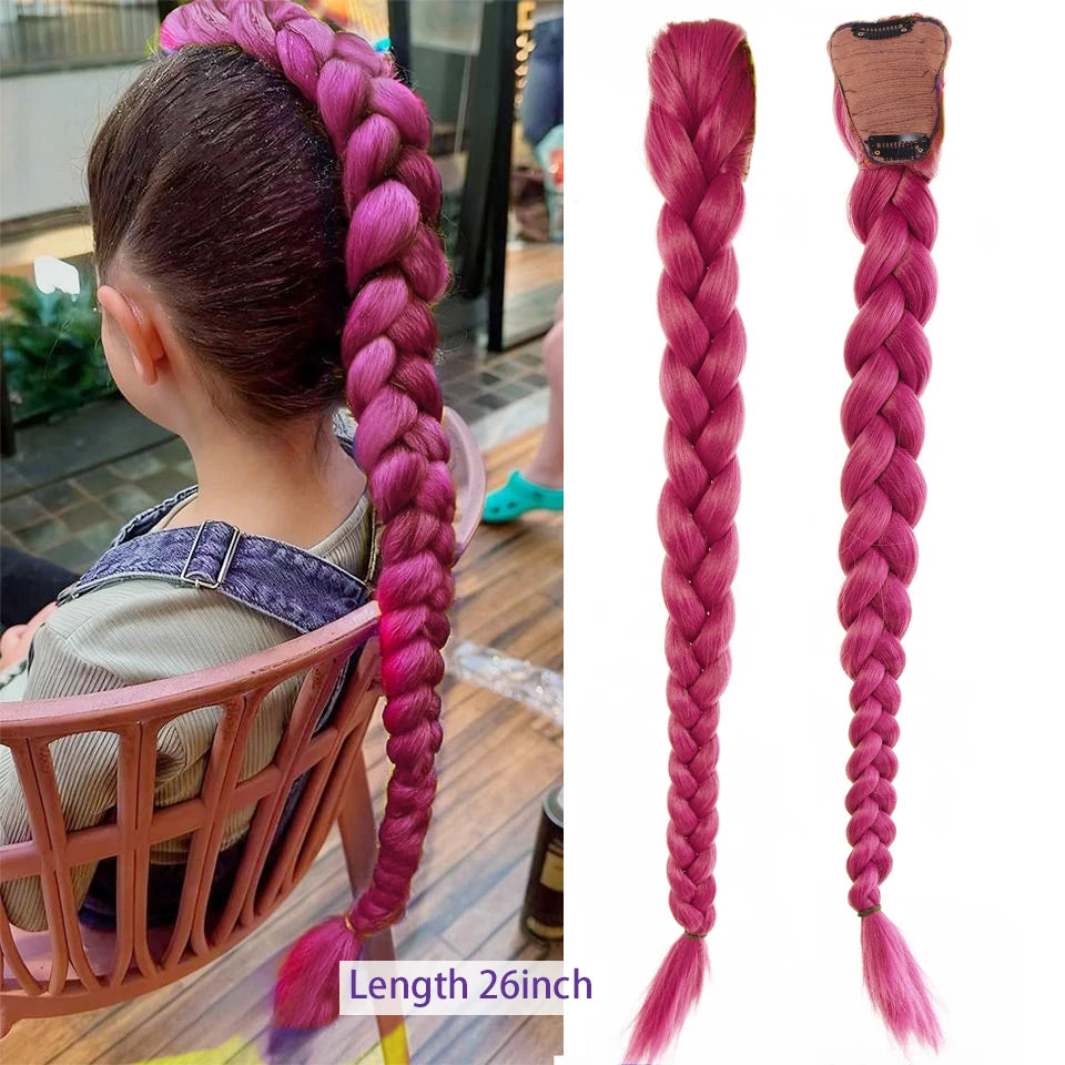 Synthetic Purple Braided Hair Ponytail Rumi Costume Hairstyle Long Ponytail with Rubber band and Clips for Kids Girls Christmas