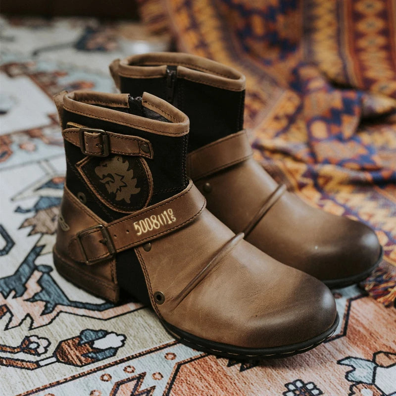 Cowboy Men's Ankle Boots High Quality Retro Men Motorcycle Boots Luxury Fashion Western Boot Metal Style Zippers Men Shoes 39-48