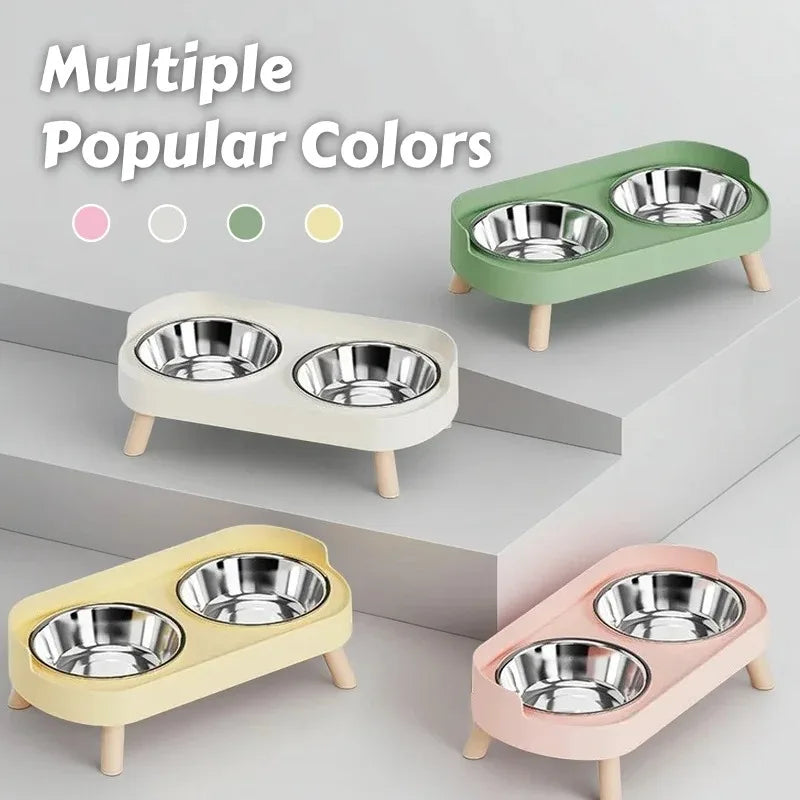 Fashion Pet Food And Water Station Dual Stainless Steel Bowls with Neck Support for Cats And Dogs
