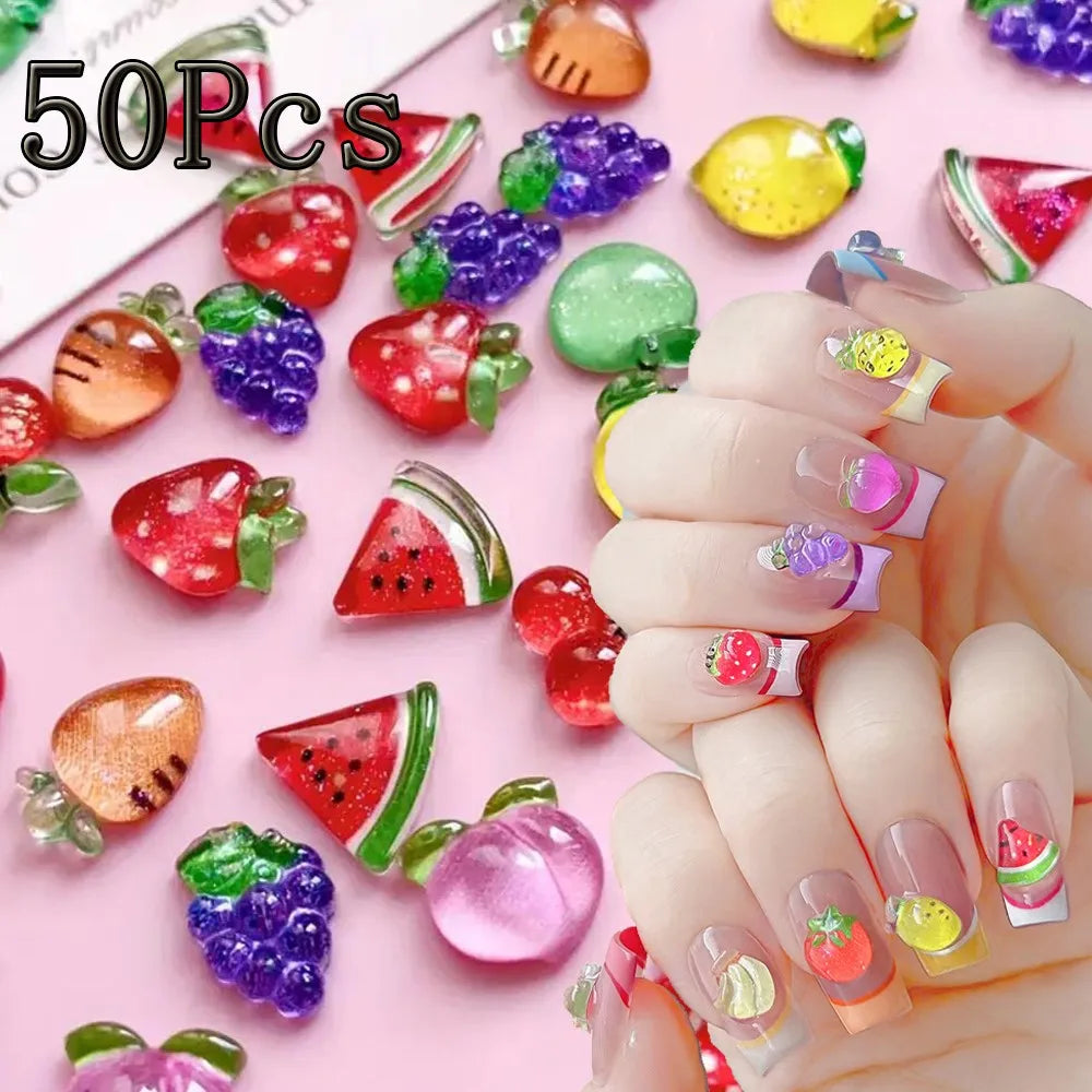 50pcs 3D Strawberry Cute Nail Charms Cartoon Fruit Flatback Resin Rhinestone Gems Red Strawberry Designs Nail Decoration Jewelry