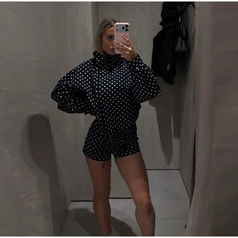 Fashion Navy Polka Dot Shorts Set For Women Casual Stand Collar Zipper Jacket & High Waist Shorts Lady 2026 Spring Chic Outfits