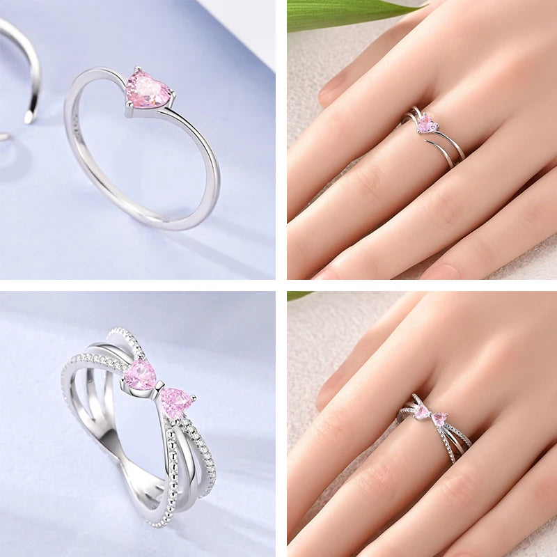 Anillos Apilables de Plata Esterlina 925 (Nuevos) – Lazo Rosa + Corazón (Tema Amor), Adecuados para Mujer y Chica