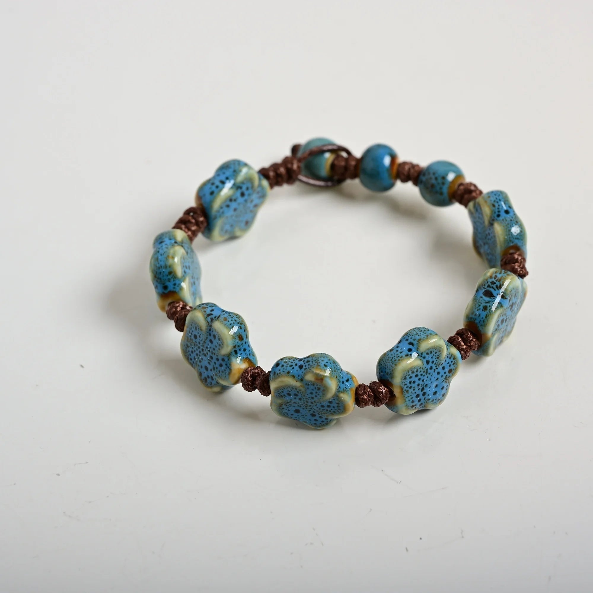 Handmade Ceramic Flower Bracelet 16–18cm Adjustable Cord Jewelry with Pink or Purple Glazed Beads for DIY Boho Style S02-057