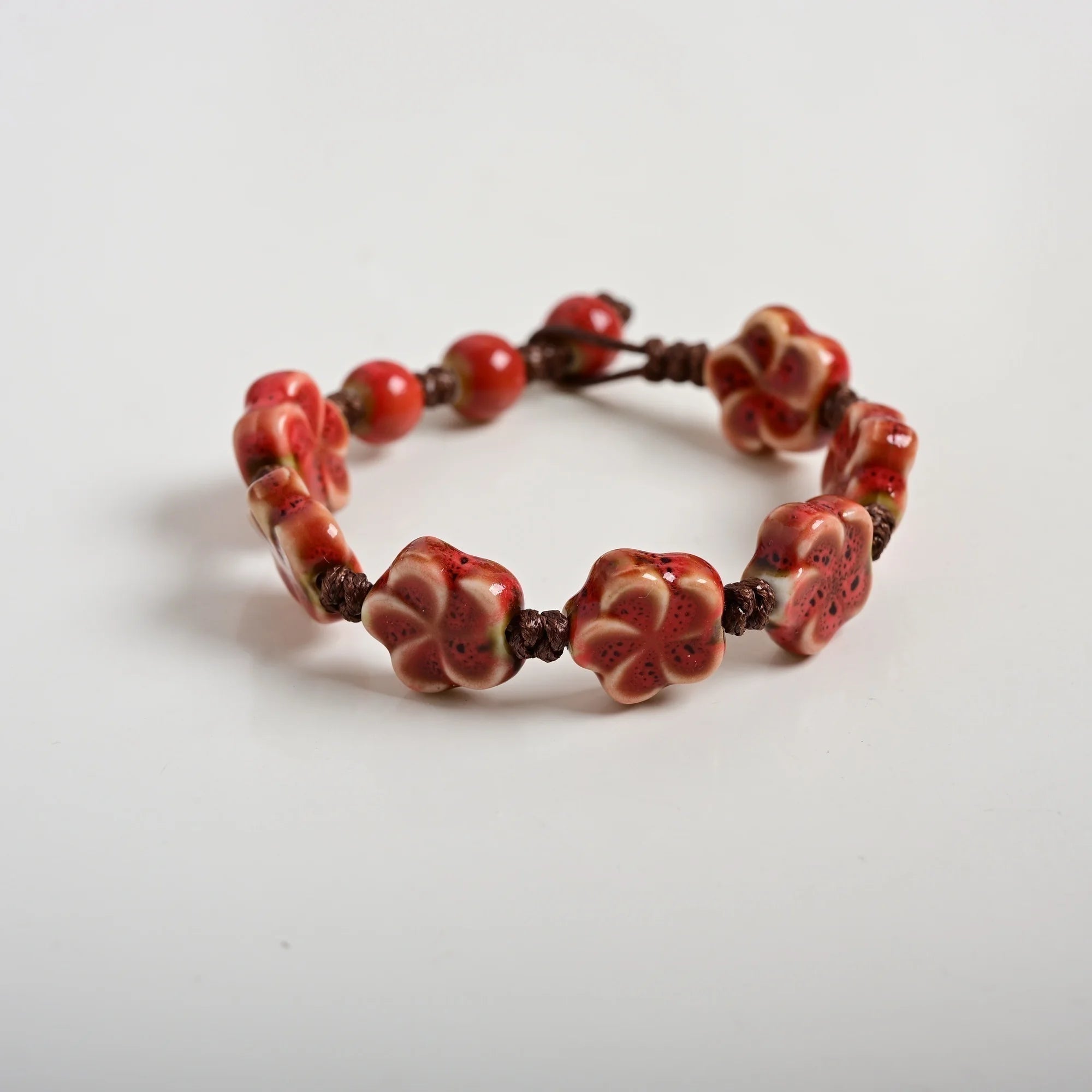 Handmade Ceramic Flower Bracelet 16–18cm Adjustable Cord Jewelry with Pink or Purple Glazed Beads for DIY Boho Style S02-057