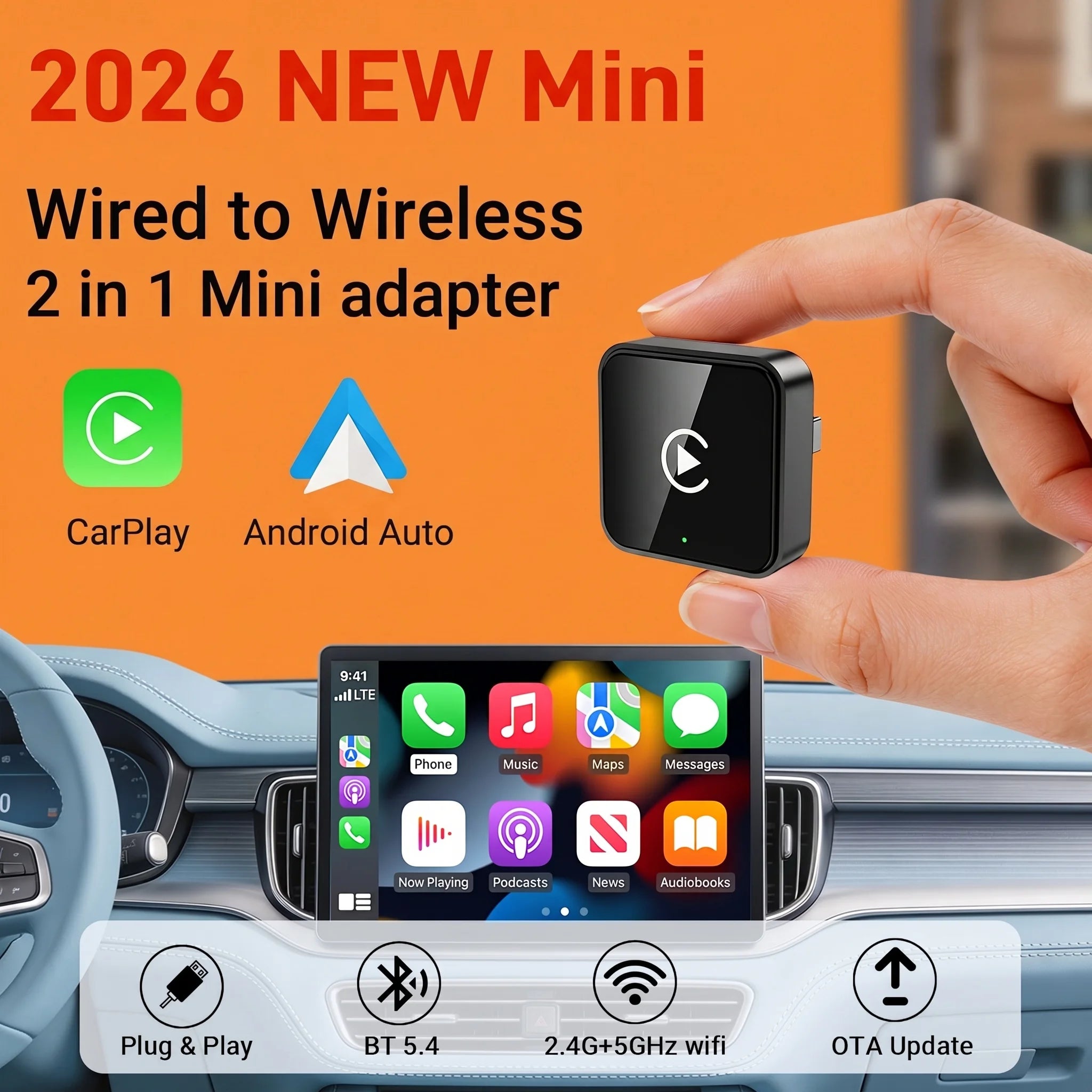 2026 NEW Upgraded Wired To Wireless Carplay Android Auto 2In1 Adapter Car Gadget Smart Box Plug and Play 5Ghz Wifi Fast Connect